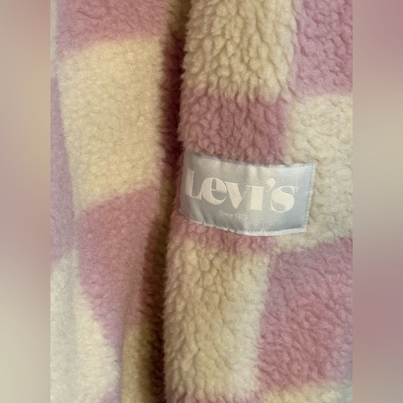 Levi's Pink and White Checkered Sherpa Pullover with Yellow Zip - Picture 4 of 9
